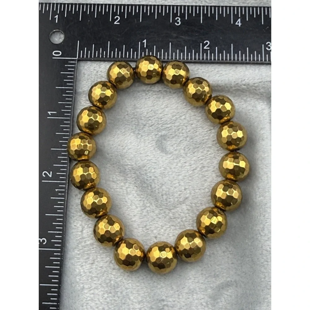 Glass Beaded Bracelet Stretch Band Gold Tone Faceted Size 7